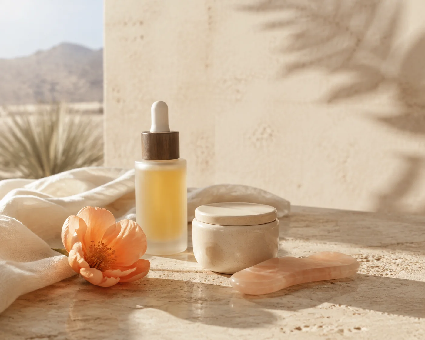 Facial oil, ceramic skincare jar, sculpting stone, and apricot flower in desert light