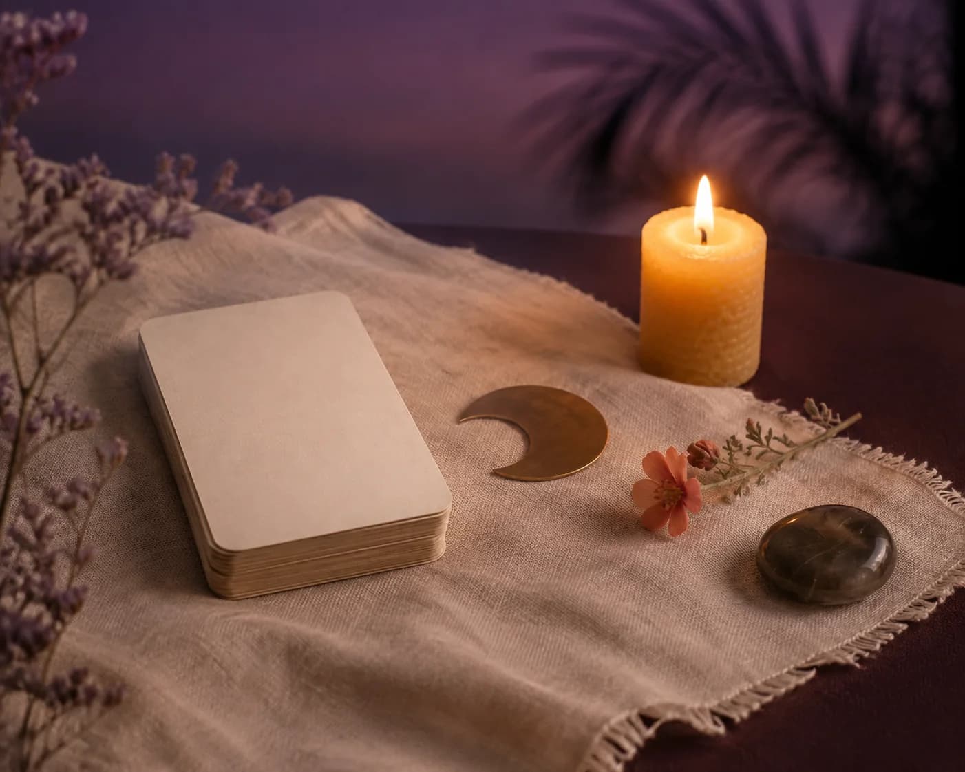 Ritual cards, brass moon, candle, flower, and stone arranged in plum twilight