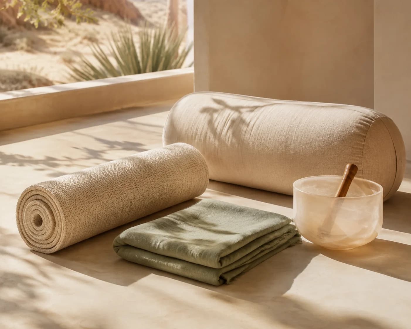 Yoga mat, linen bolster, sage cloth, and singing bowl in a sunlit desert studio